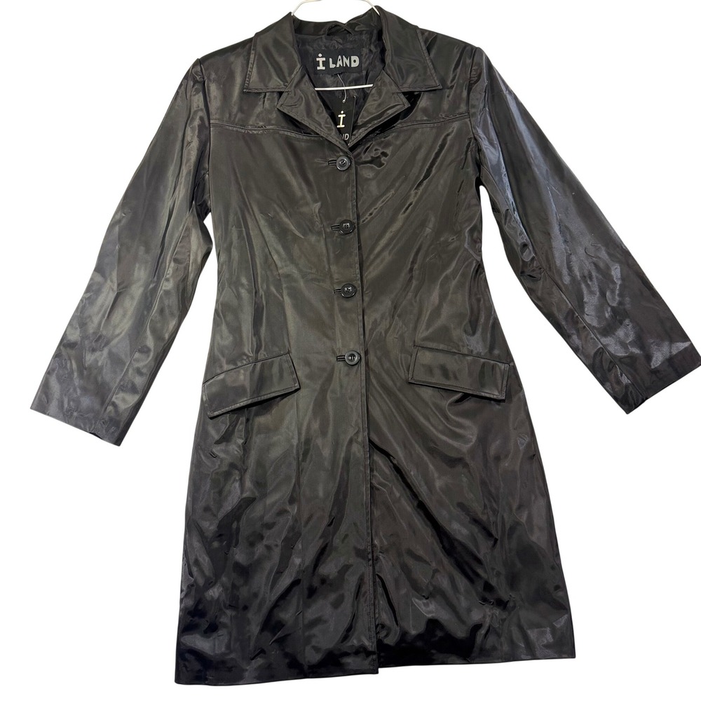 I LAND Womens Black Satin Trench Coat Mid Length Button Front Jacket NWT Size 4